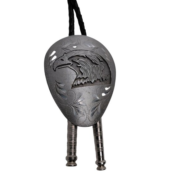 Eagle head bolo tie black leather silver tone metal - Picture 2 of 4